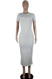 Grey Fashion Casual adult Ma'am Cap Sleeve Short Sleeves O neck Pencil Dress Mid-Calf Solid Dresses