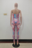 Pink Sexy Casual Print Backless Strapless Skinny Jumpsuits