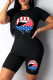 Blue Black Casual Print Patchwork O Neck Short Sleeve Two Pieces