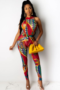 Red Fashion Ma'am adult Sexy Two Piece Suits Print Patchwork pencil Sleeveless Two-piece Pant
