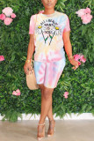 Pink Casual Letter Print Tie Dye Straight Short Sleeve Two Pieces
