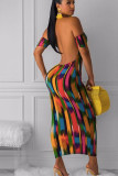 colour England Off The Shoulder Short Sleeves One word collar Pencil Dress Ankle-Length Print backless Dresses