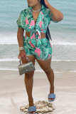 Yellow Casual Print Patchwork Turndown Collar Short Sleeve Two Pieces