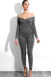 Light Gray Sexy Solid bandage Patchwork Long Sleeve V Neck Jumpsuits