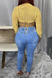 Baby Blue Fashion Casual Solid Ripped Mid Waist Skinny Jeans