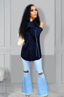 Dark Blue Turndown Collar Long Sleeve Patchwork Button Solid