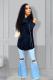 Dark Blue Turndown Collar Long Sleeve Patchwork Button Solid