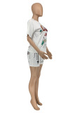 White Fashion Casual Print Basic O Neck Short Sleeve Two Pieces