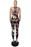 Black Fashion street Print Patchwork Hollow Sleeveless Slip Jumpsuits