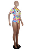 White Blue Yellow purple colour O Neck Short Sleeve Patchwork Print Character Tops