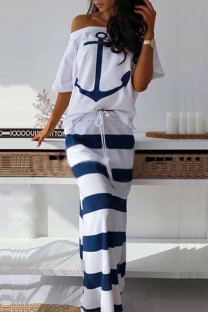 White Fashion Casual Two Piece Suits Patchwork Striped Print Straight Short Sleeve Two-Piece Dr