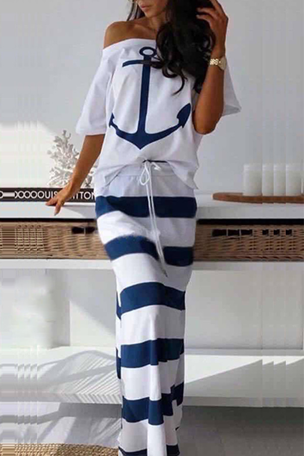 White Fashion Casual Two Piece Suits Patchwork Striped Print Straight Short Sleeve Two-Piece Dr