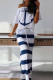 White Fashion Casual Two Piece Suits Patchwork Striped Print Straight Short Sleeve Two-Piece Dr