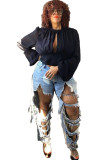 Light Blue Denim Button Fly Zipper Fly High Zippered Pocket washing Hole Straight Pants 