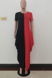 Yellow Casual Solid Patchwork O Neck Straight Dresses