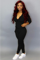 Black Fashion adult Active Casual Lightly cooked Zippered Two Piece Suits pencil Long Sleeve