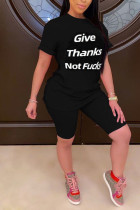 Black Casual Print Straight Short Sleeve Two Pieces