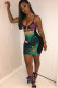 Green Sexy adult Fashion Spaghetti Strap Long Sleeves Slip Step Skirt Mini Patchwork Sequin Clu