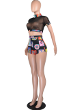 Green Sexy Print See-through Mesh Turtleneck Short Sleeve Two Pieces