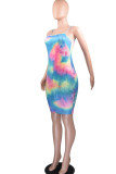 multicolor Sexy Spaghetti Strap Sleeveless Slip Step Skirt Mini Print Tie and dye Dresses