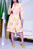 Red Casual Print Patchwork Turndown Collar Shirt Dress Dresses