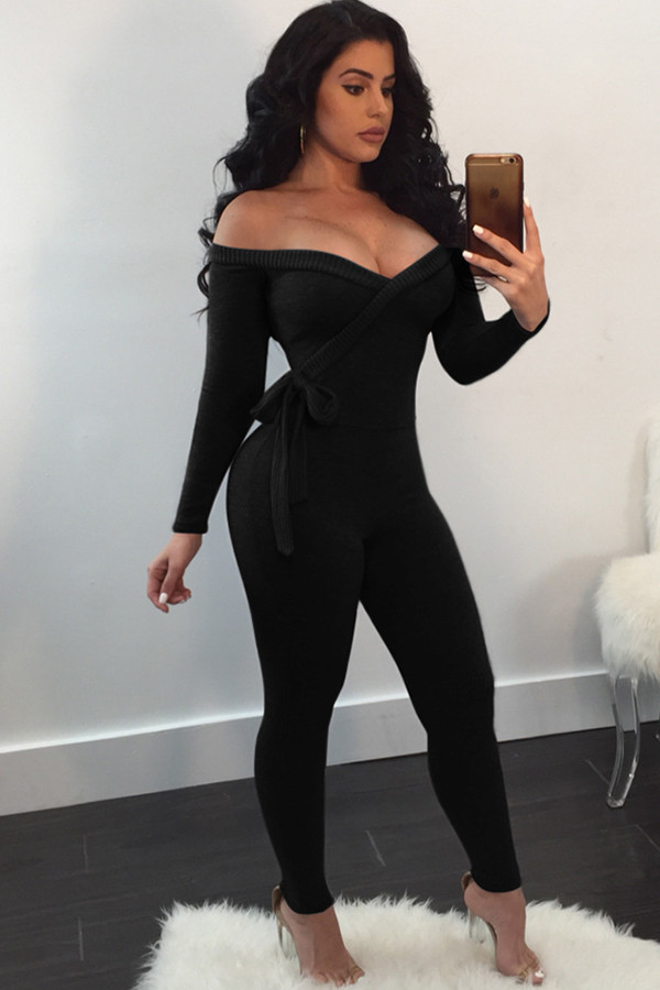 Black Sexy Solid bandage Patchwork Long Sleeve V Neck Jumpsuits
