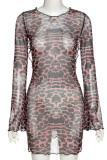 Leopard print Street Print Patchwork Backless O Neck Long Sleeve Mini Pencil Skirt Dresses