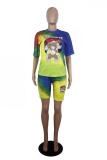 Yellow Fashion Casual adult Patchwork Print Character Two Piece Suits Straight Short Sleeve Two Pieces