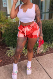 Red Sexy Print Ripped Contrast Spaghetti Strap Sleeveless Two Pieces