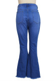 Dark Blue Fashion Casual Solid Ripped Without Belt Plus Size Jeans