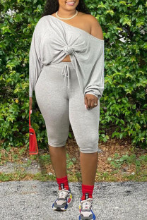 Grey Active O Neck Print Solid Plus Size