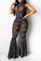 Black Network Sexy Print Mesh perspective HOLLOWED OUT Boot Cut Sleeveless Two Pieces