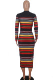 Red Casual Cap Sleeve Long Sleeves O neck Lantern skirt Mid-Calf Print Striped