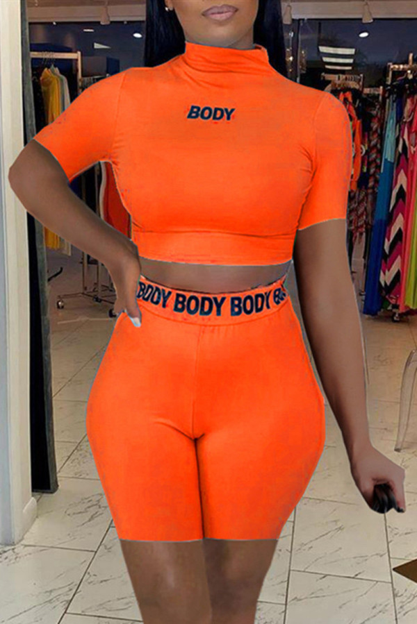 Orange Fashion Casual Letter Print Basic Turtleneck Short Sleeve Two Pieces