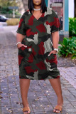 Red Fashion Casual Print Basic V Neck Short Sleeve Dress