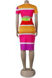 Multi-color Fashion adult OL Multi-color Cap Sleeve Short Sleeves O neck Step Skirt Knee-Length Striped Print Patchwork bandage backless hollow out Dresses