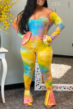 Colour Sexy Patchwork Tie-dye Off the Shoulder Boot Cut Jumpsuits