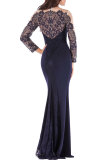 Blue Fashion Long Sleeves O neck Slim Dress Floor-Length Patchwork 