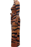 Tiger Pattern Sexy Animal Print Patchwork Zipper Collar Pencil Skirt Dresses