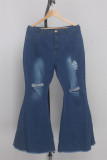Dark Blue Fashion Casual Solid Ripped Without Belt Plus Size Jeans