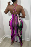 Red Fashion Sexy Print Backless Slit Spaghetti Strap Sleeveless Dress