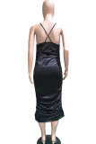 Blue Fashion Sexy White Black Blue Spaghetti Strap Sleeveless Slip Pencil Dress Mid-Calf Solid backless asymmetrical Dresses