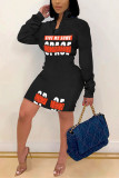 Blue Fashion Casual Print Letter Zipper Collar Long Sleeve Dress