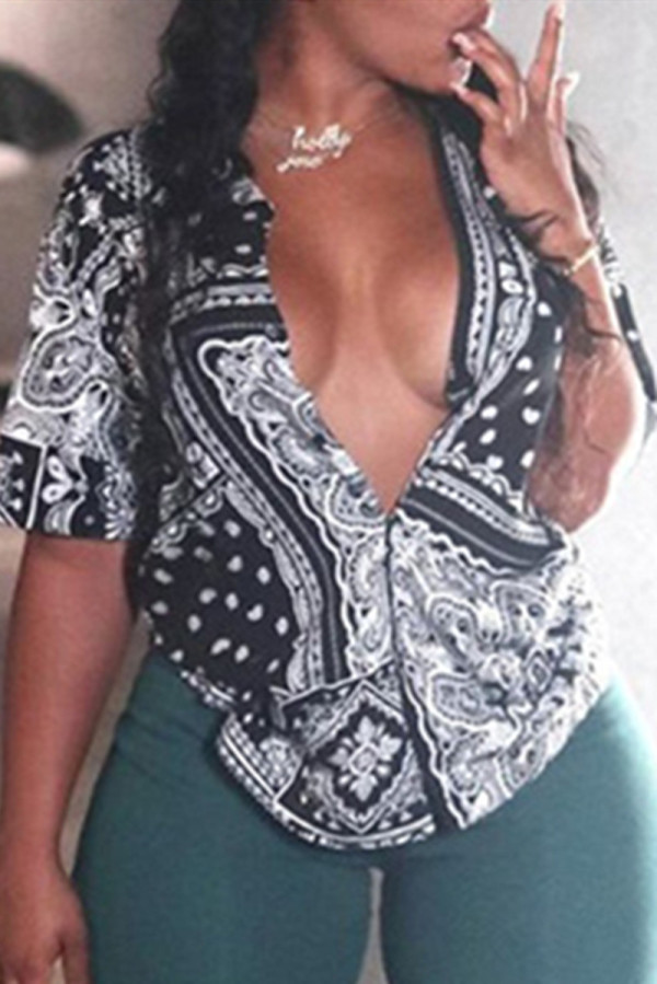 Black Fashion Casual Print Basic Turtleneck Tops