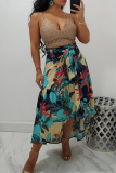 Blue Sexy Print Patchwork Loose Mid Waist Wide Leg Full Print Bottoms