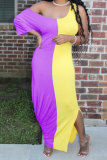 Pink Fashion Casual adult White Pink Yellow Light Blue purple Off The Shoulder Short Sleeves one shoulder collar Asymmetrical Ankle-Length Print Patchwork Colouring Draped split asymmetrical Dresses