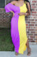 purple Fashion Casual adult White Pink Yellow Light Blue purple Off The Shoulder Short Sleeves one shoulder collar Asymmetrical Ankle-Length Print Patchwork Colouring Draped split asymmetrical Dresses
