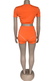 Tangerine Red Sportswear Solid Patchwork U Neck Short Sleeve Two Pieces