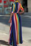 Multicolor Fashion Striped Print Frenulum Turndown Collar Long Dress