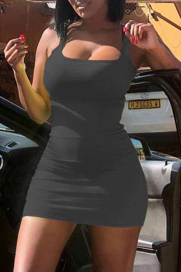 Black Sexy Casual Solid Basic Square Collar Vest Dress